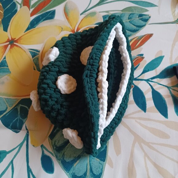 EUC Hand Crocheted Green Hat with White Rosettes - Picture 2 of 3